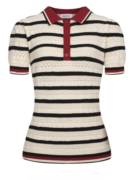 Retro Stage Tops - NWOT White Striped Hollow-Out Vintage Knit Polo, XS